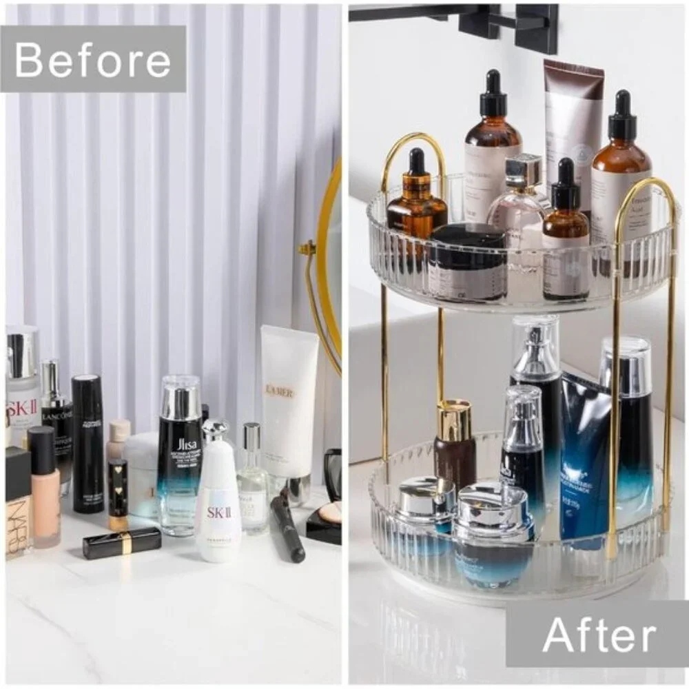 New 360° Rotating Makeup Organizer, 2-Tier Clear Vanity Storage for Skincare